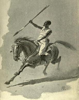 an african warrior mounting a dongola horse and carrying a lance. 