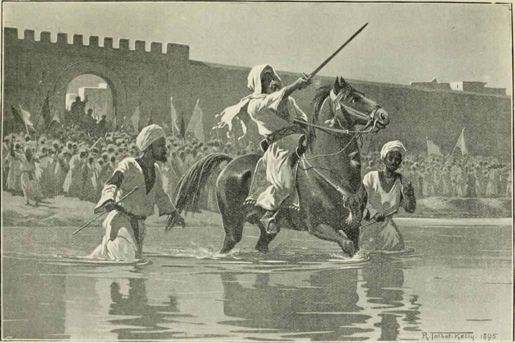 Sudanese dervish mounting a Dongola horse. A print by R. Kelby