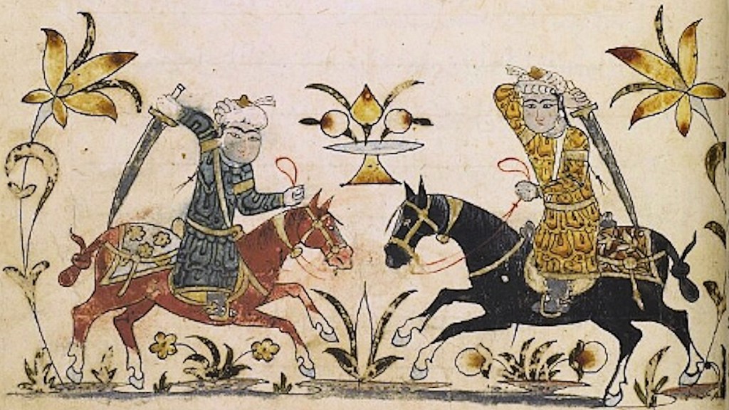 A folio from an Arabic manuscript showing two Mameluk Horsemen wheeling around with a sword in each one's hand on the horse's back