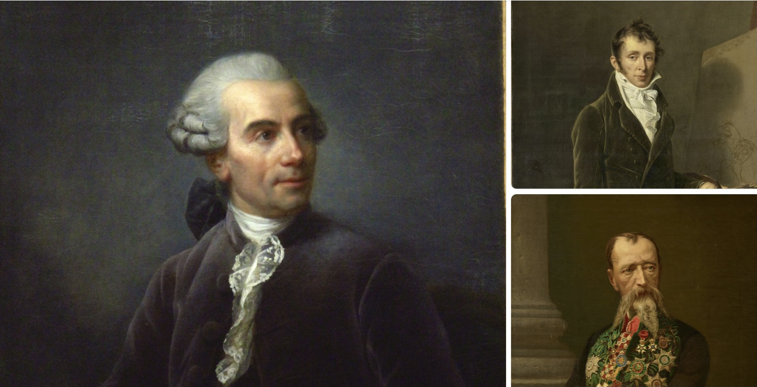 Portraits of the three Vernets. Bottom right is Joseph Vernet, on the left is his son Carle, and the grandson Horace Vernet at the top right corner.