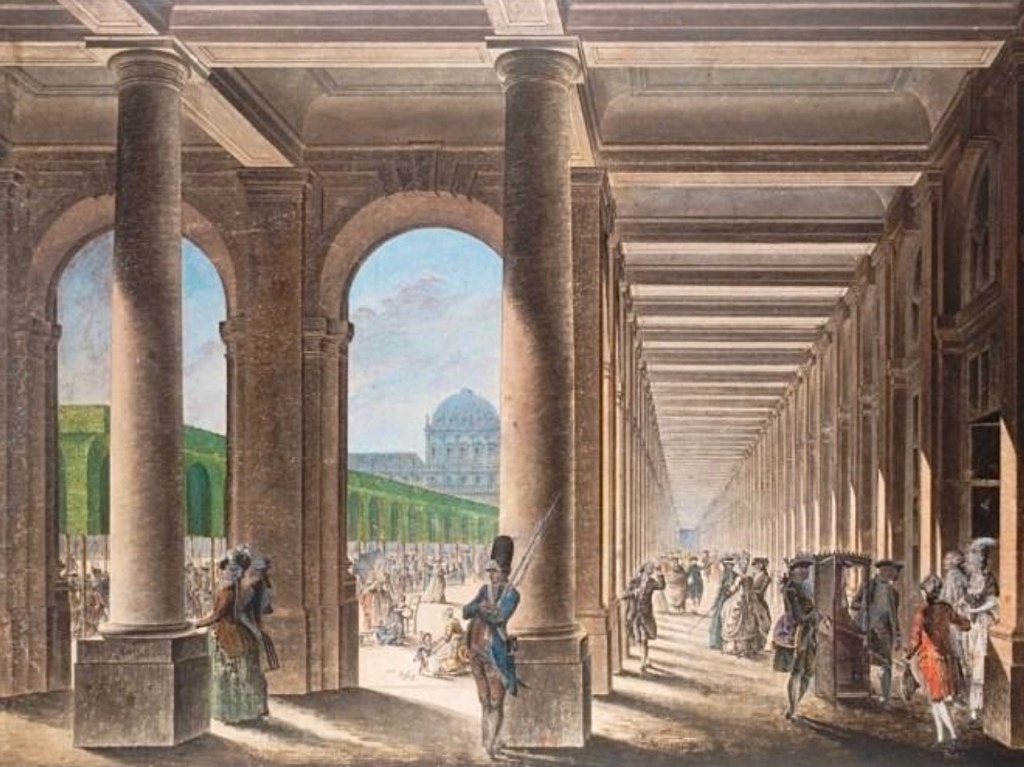 Les Galeries de Palais Royal, where the famous Café de Foy was founded in 1749. Carle Vernet was a regular customer until a week before he died.
Many of the meetings in preparation of the French revolution were held in this Café as well. It was also the place where he met the master painter/engraver Philibert-Louis Debucourt (1755-1832). Vernet and Debucourt worked together on at least 80 works.